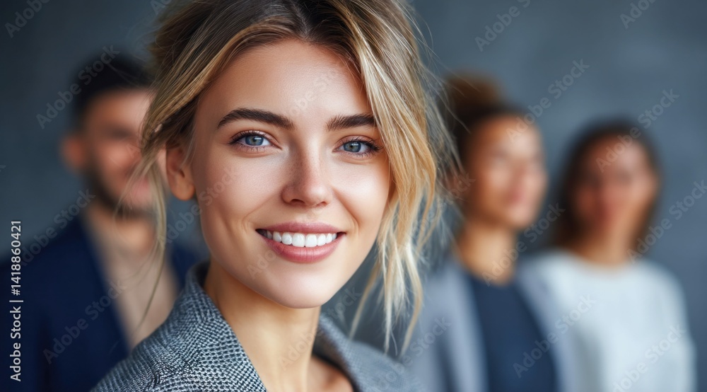 A smiling young woman with her colleagues in a professional and friendly setting.
