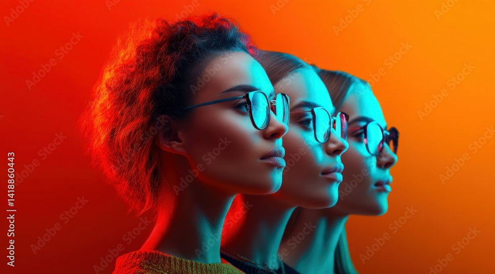 A captivating portrait of three women, stylishly wearing glasses, in a vibrant neon-lit setting with dramatic color.