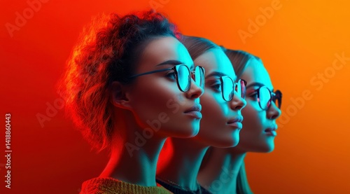 Obraz na płótnie A captivating portrait of three women, stylishly wearing glasses, in a vibrant neon-lit setting with dramatic color. w salonie