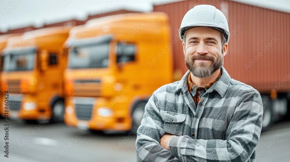 Smiling truck driver with a beard wearing a safety helmet, standing in front of trucks. The image conveys concepts of transportation and logistics.