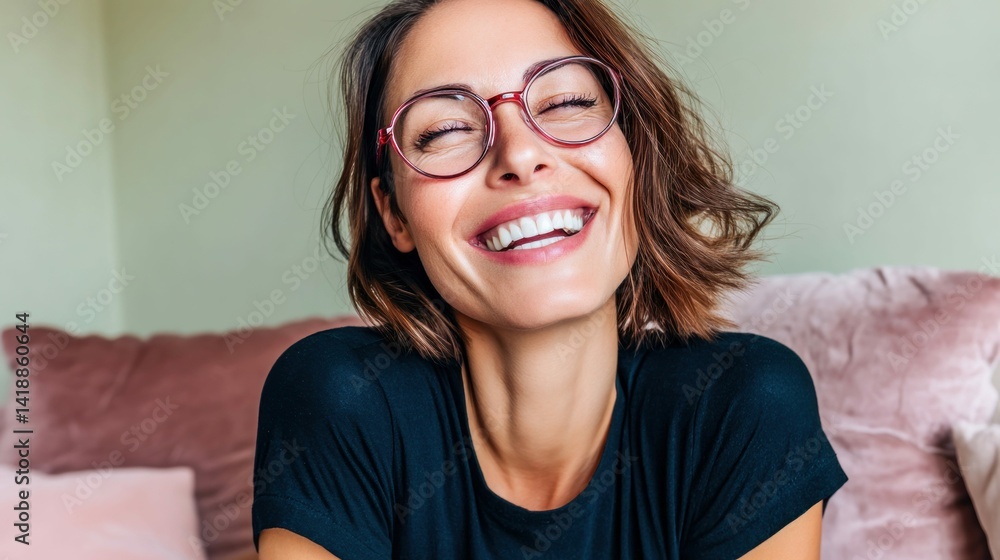 A beautiful woman with glasses is smiling widely, showcasing perfect teeth and radiating joy. The photo captures a moment of happiness and positive energy indoors.