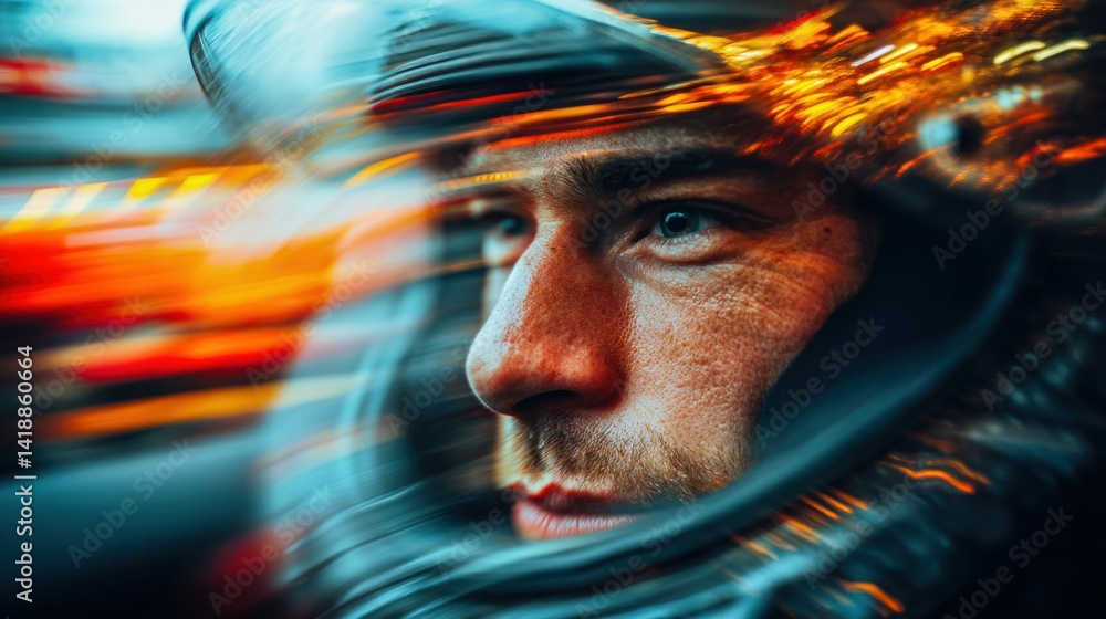 A close-up of a man's face within a helmet with light trails, emphasizing focus and determination with a blurred background.
