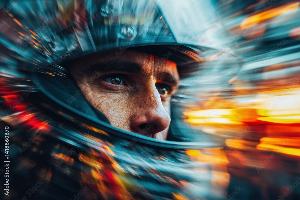 A determined racer stares intently through his helmet, experiencing the exhilarating speed of a race. Focus is on the driver's eyes, capturing the moment.