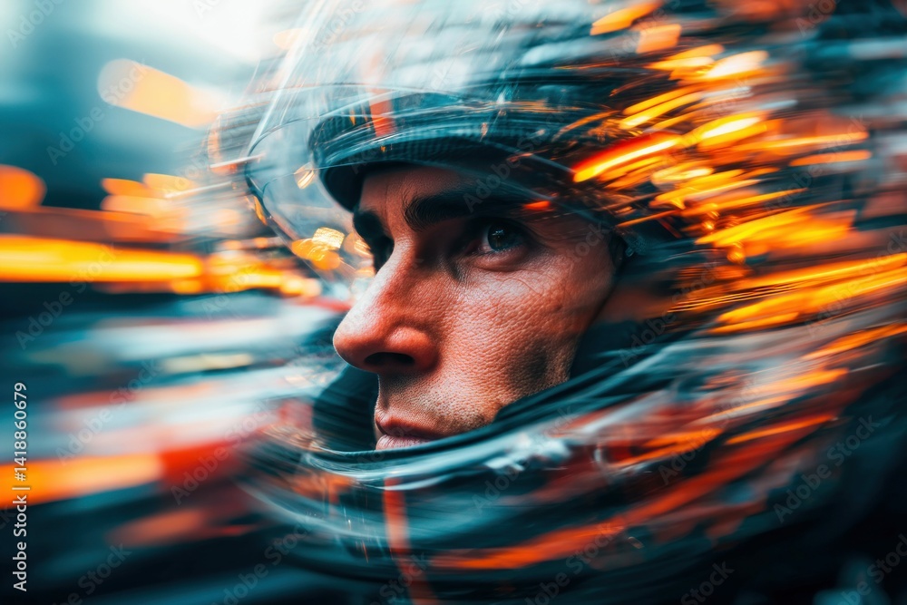 A man with a determined gaze rides at high speed, with blurred lights, focusing on the face.