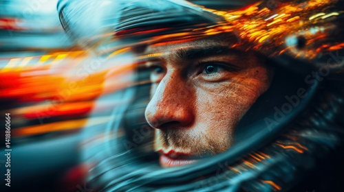 Obraz na płótnie A close-up of a man's face within a helmet with light trails, emphasizing focus and determination with a blurred background. w salonie