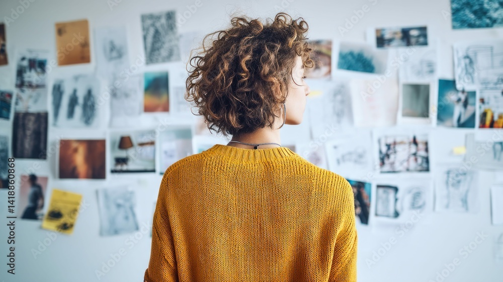 A woman with curly hair gazes at a wall covered with various sketches, drawings, and reference images, lost in thought about her project.