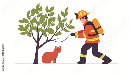 vibrant digitally rendered illustration shows a firefighter in a yellow helmet and orange uniform actively rescuing an orange tabby cat from a stylized green tree.