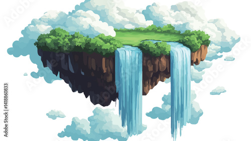 A digital illustration depicts a bizarre floating island that appears to be suspended in fluffy white clouds and is covered in lush vegetation, including a meadow.