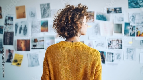 Obraz na płótnie A woman with curly hair gazes at a wall covered with various sketches, drawings, and reference images, lost in thought about her project. w salonie