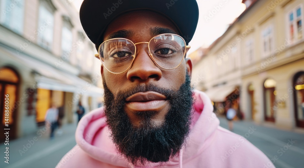 A stylish man with glasses and a cap poses confidently in a European city, with buildings and blurred background details.