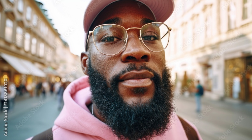 A confident, stylish black man in a pink hoodie and glasses smiles in a European city, full of people.