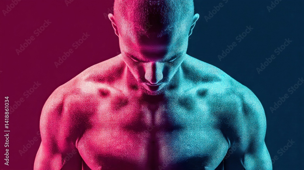 A man's physique is illuminated with vibrant pink and teal lights. His muscular chest and shoulders are highlighted by a captivating and modern artistic effect.