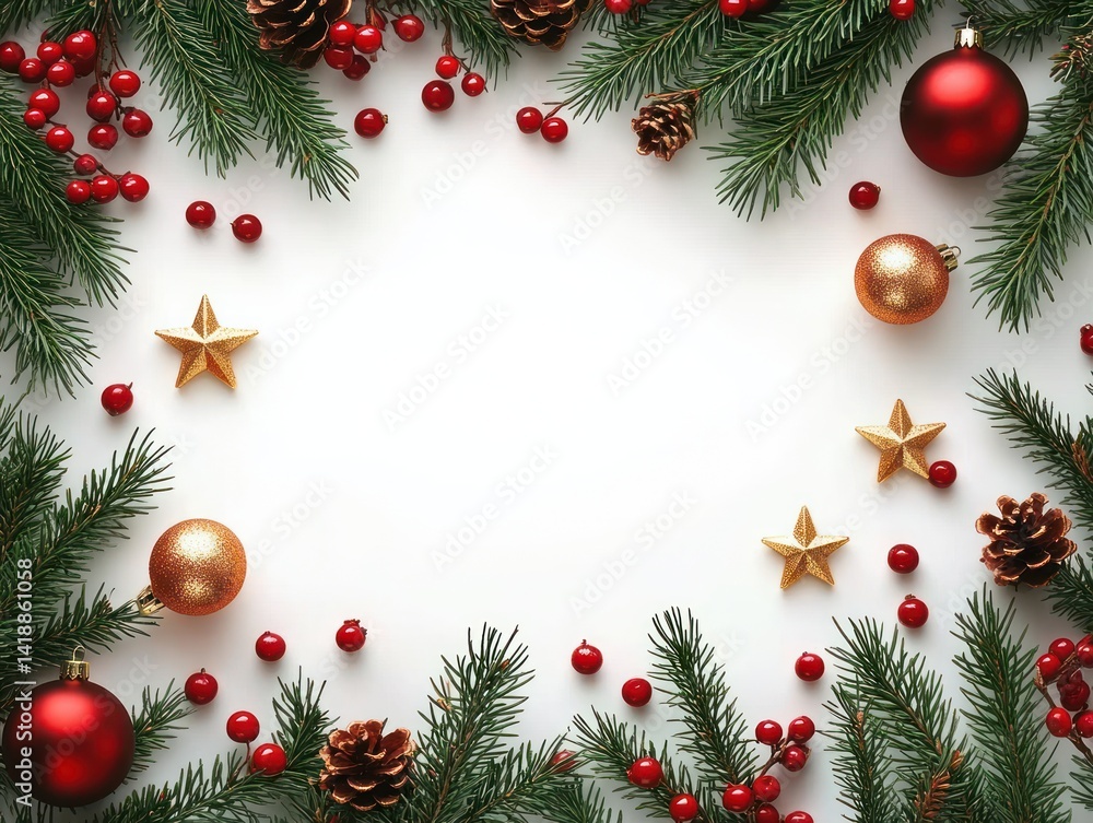 festive Christmas frame with pine branches red berries and golden stars on white background festive Christmas frame with pine branches red berries and golden stars on white background