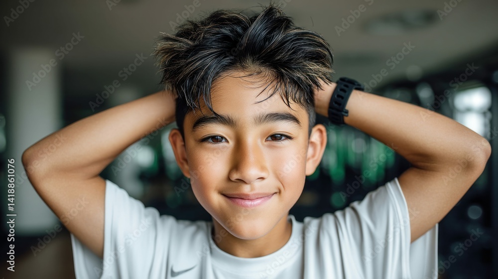 A young asian boy poses with his hands behind his head, smiling at the camera in a close-up shot. The boy is wearing a white shirt.