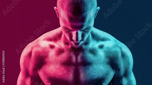 Obraz na płótnie A man's physique is illuminated with vibrant pink and teal lights. His muscular chest and shoulders are highlighted by a captivating and modern artistic effect. w salonie