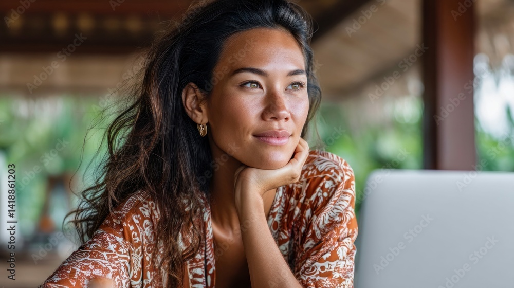 Beautiful asian woman looking away dreamily while relaxing outside, in a relaxed environment.