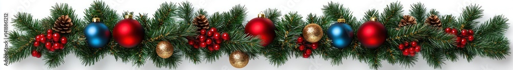 Fototapeta premium festive Christmas garland with green pine branches red berries colorful ornaments on white background
