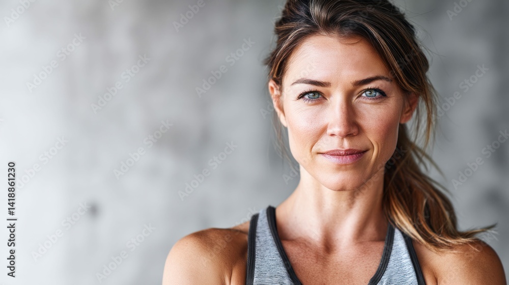 A fit woman in workout attire poses against a concrete background, looking confidently at the camera with a slight smile.