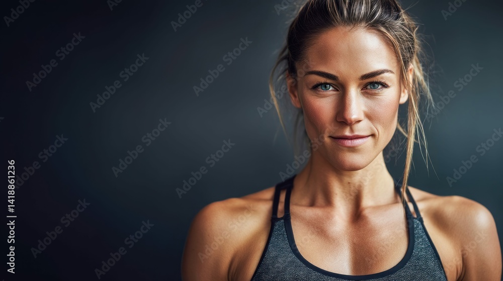 A beautiful woman in athletic wear gazes confidently at the camera, radiating strength and wellness. The background is a soft gradient.