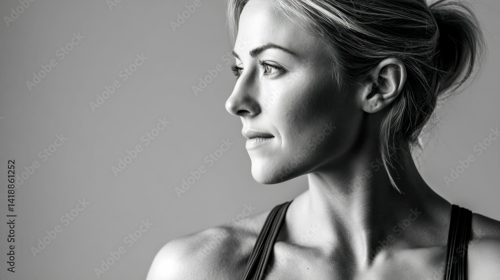 A monochrome portrait of a woman, showcasing her profile and serene expression, captured in elegant lighting.