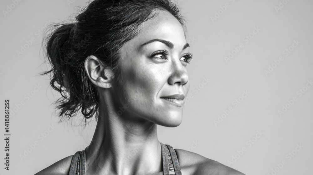 A black and white portrait of a smiling woman gazing thoughtfully to the side, exuding serenity. The image has a classic feel.
