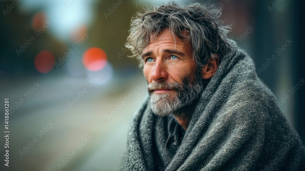 A contemplative man, wrapped in a blanket, looks off into the distance with a thoughtful expression. The image evokes themes of solitude and introspection, the light creating a soft atmosphere.