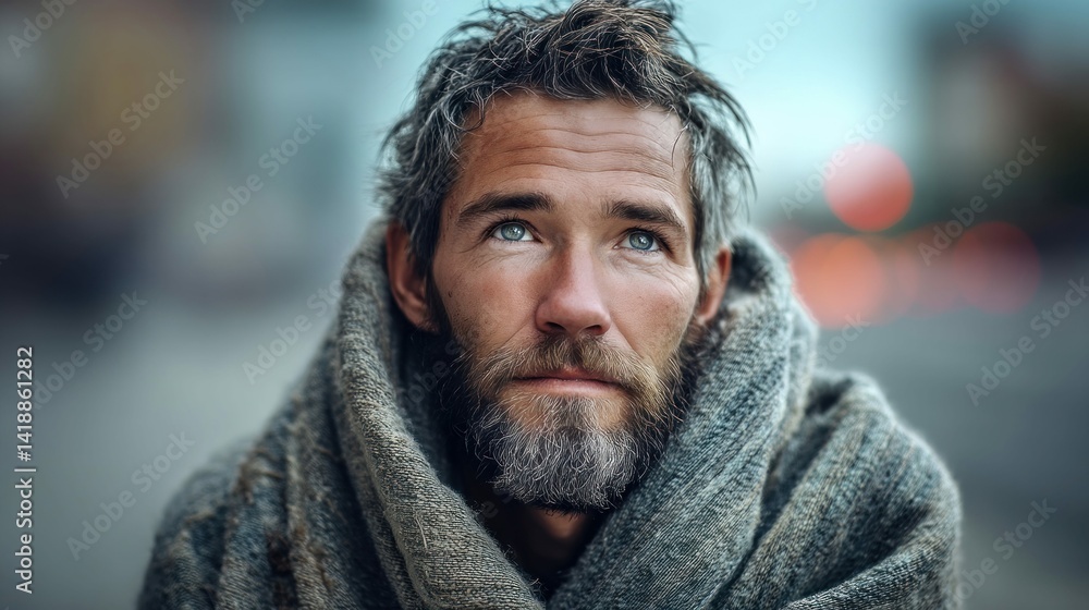A man looks up in thought, wrapped in a blanket, possibly homeless or in need, with a pensive expression. The background is blurred, emphasizing the subject.