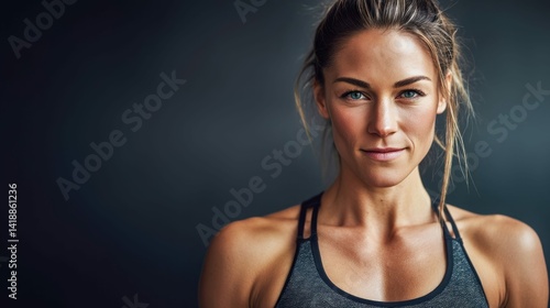 Obraz na płótnie A beautiful woman in athletic wear gazes confidently at the camera, radiating strength and wellness. The background is a soft gradient. w salonie