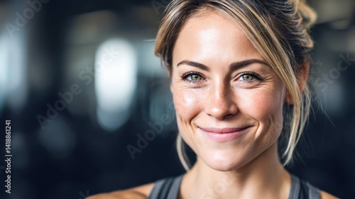 Obraz na płótnie A beautiful, smiling woman with green eyes looks directly at the camera with a warm, genuine expression. w salonie