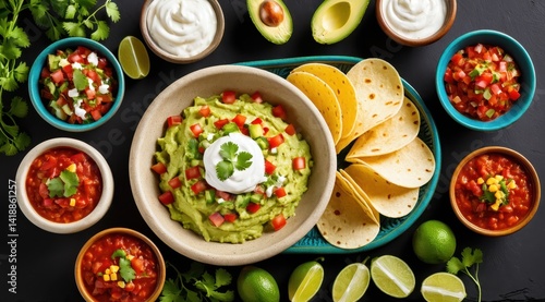 Wallpaper Mural An appetizing spread featuring vibrant guacamole, fresh salsa, creamy sour cream, and lime garnishes on a rustic wooden table Torontodigital.ca