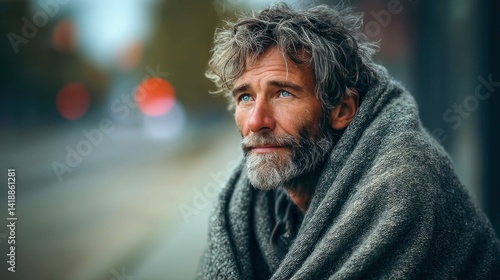 Obraz na płótnie A contemplative man, wrapped in a blanket, looks off into the distance with a thoughtful expression. The image evokes themes of solitude and introspection, the light creating a soft atmosphere. w salonie