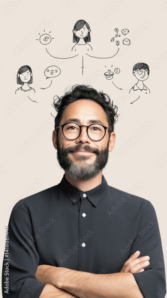 A thoughtful man with a beard, wearing glasses, ponders ideas with sketch visuals above him. The sketch shows several related concepts.