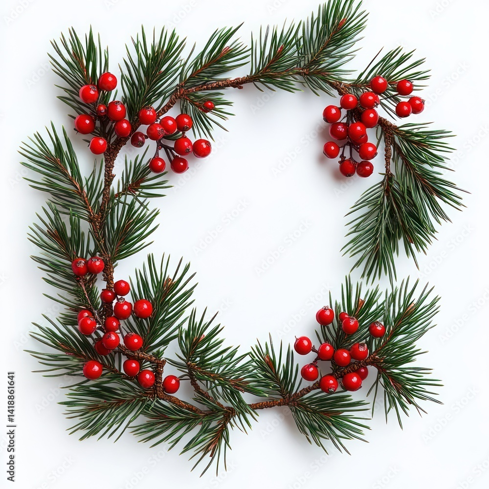 Minimalist Christmas frame with pine branches and red berries on white background Minimalist Christmas frame with pine branches and red berries on white background