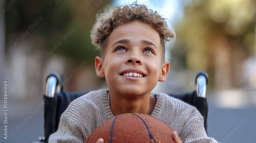 A young boy, seated in a wheelchair, gazes upwards with a joyful expression, holding a basketball with the setting sun.