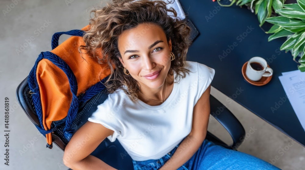 A beautiful woman smiles at the camera from her office chair, with a coffee cup nearby, adding a relaxed vibe to the setting.