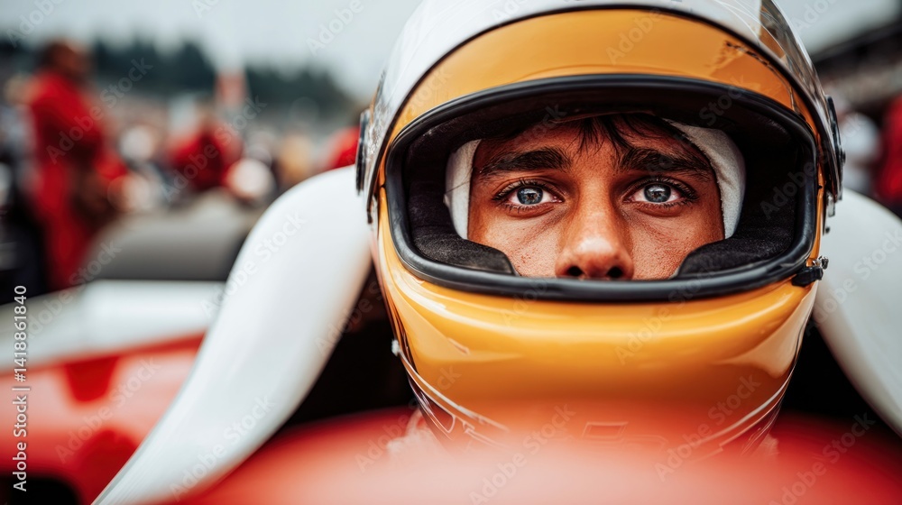 A race car driver, focused and intense, stares ahead, helmet on, ready for competition and speed. His eyes show determination.