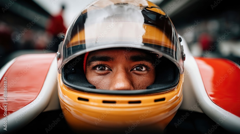 Close-up portrait of a race car driver in a helmet, his intense gaze focused forward. He is ready for the race, determined and focused.