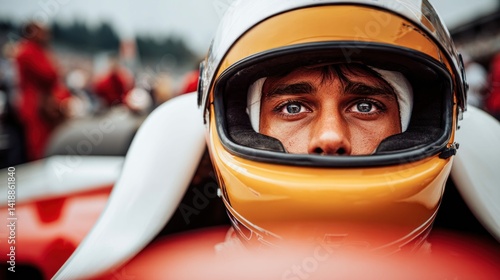 Obraz na płótnie A race car driver, focused and intense, stares ahead, helmet on, ready for competition and speed. His eyes show determination. w salonie