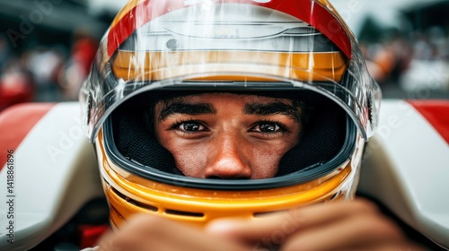 A close-up shot of a race car driver in his helmet, the focus on his determined eyes shows his intensity. The vibrant colors create a dynamic composition.