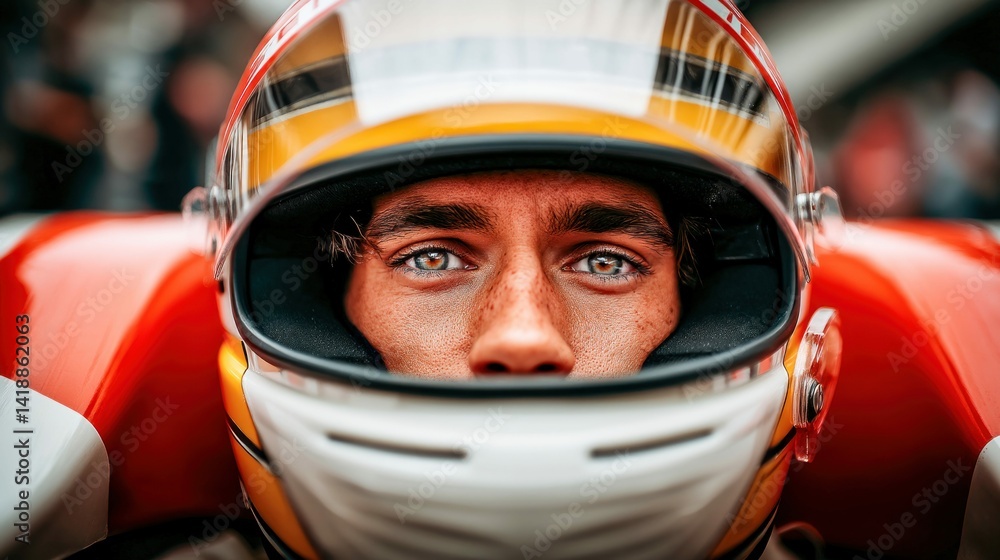 A close-up portrait of a determined race car driver inside his vehicle, focused and ready for the race ahead. The driver's eyes are intense.