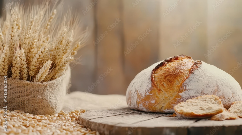 Rustic Bread and Grains: An inviting still life of freshly baked bread and golden wheat grains on a weathered wooden surface, the warm light enhancing the textures and colors.