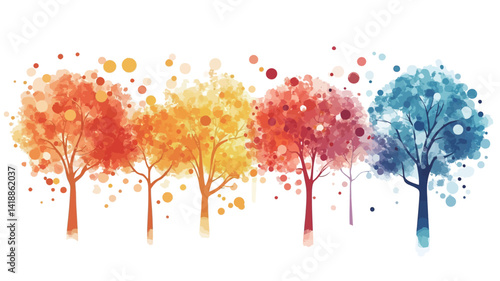 The painting shows five stylized trees painted in watercolor technique, each composed primarily of a single saturated color - red, orange, yellow, green, blue - representing a different...