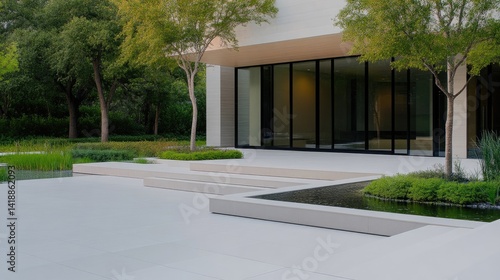 Wallpaper Mural Modern home exterior with landscaped courtyard.  A minimalist, contemporary residence features a spacious, light-filled courtyard with water features, lush greenery, and clean lines. Torontodigital.ca