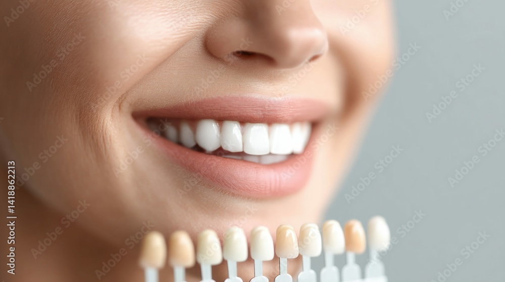 A radiant smile reveals perfect white teeth with a dental shade guide for comparison.