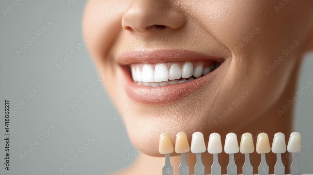 A woman smiles, showing a row of perfect white teeth, alongside a tooth shade guide.