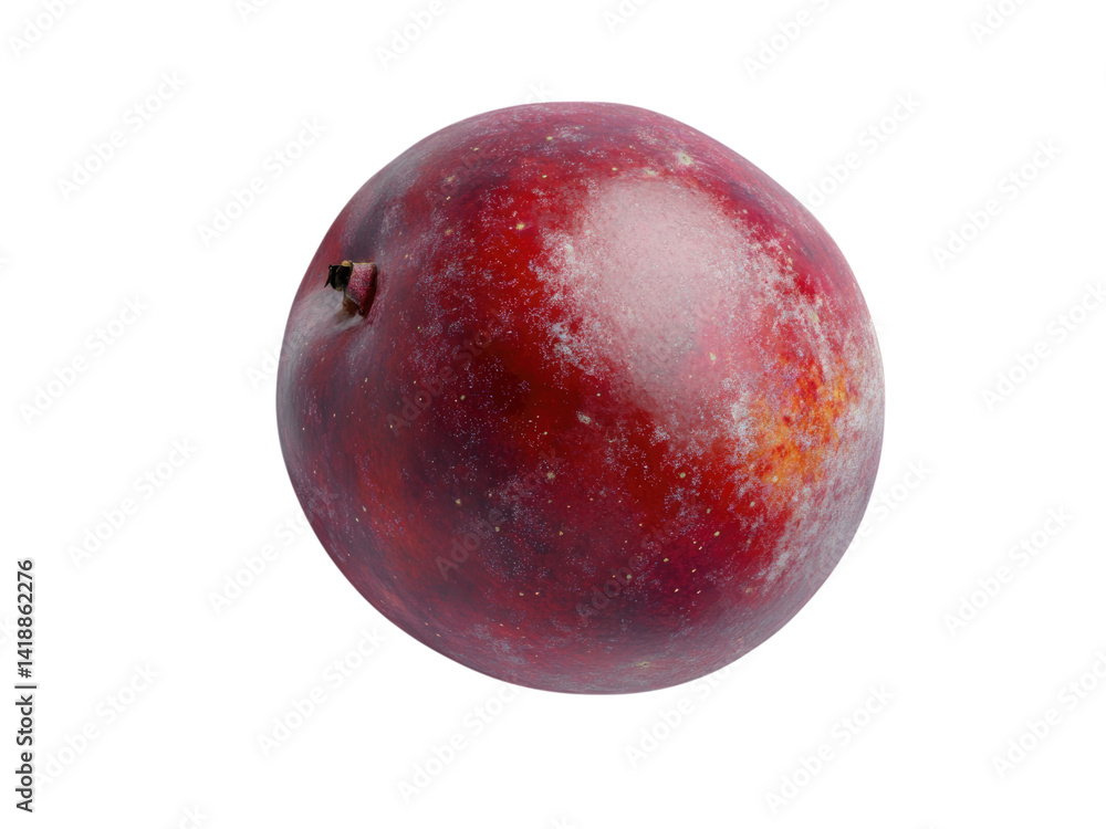 A Close-Up View of a Single Ripe Red Plum Isolated on a Black Background, Showing its Rich Color and Texture A Close-Up View of a Single Ripe Red Plum Isolated on a Black Background, Showing its Rich Color and Texture