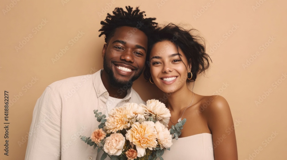 A cheerful couple smiling with a beautiful bouquet of flowers, radiating joy and happiness.