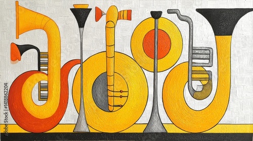 Abstract Gold and Orange Mosaic of Musical Instruments