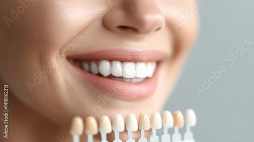 Obraz na płótnie A radiant smile reveals perfect white teeth with a dental shade guide for comparison. w salonie