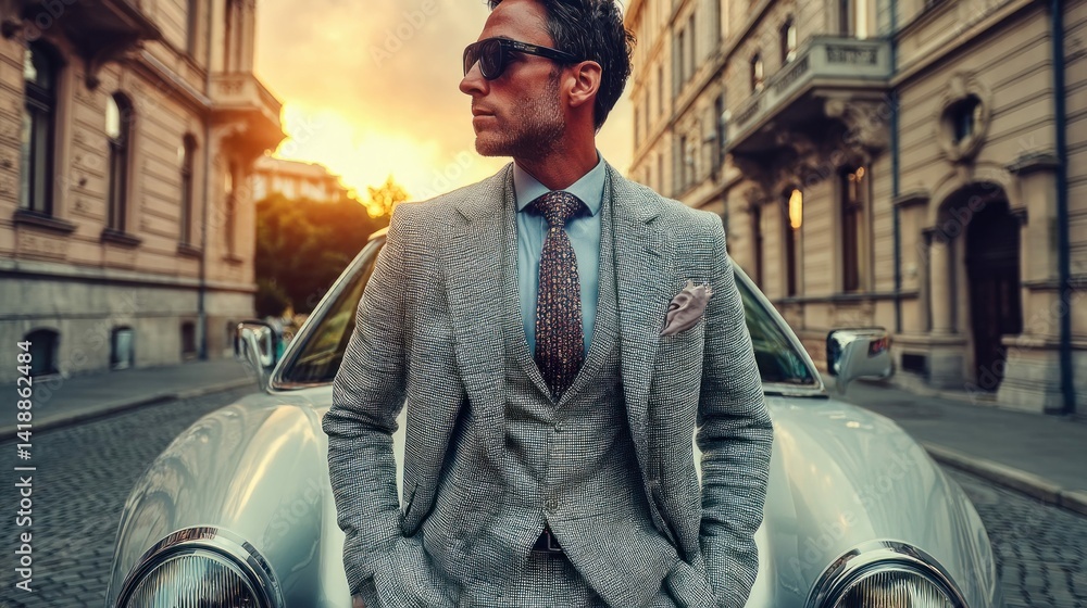 A well-dressed man stands proudly beside a classic car in a historic European city.
